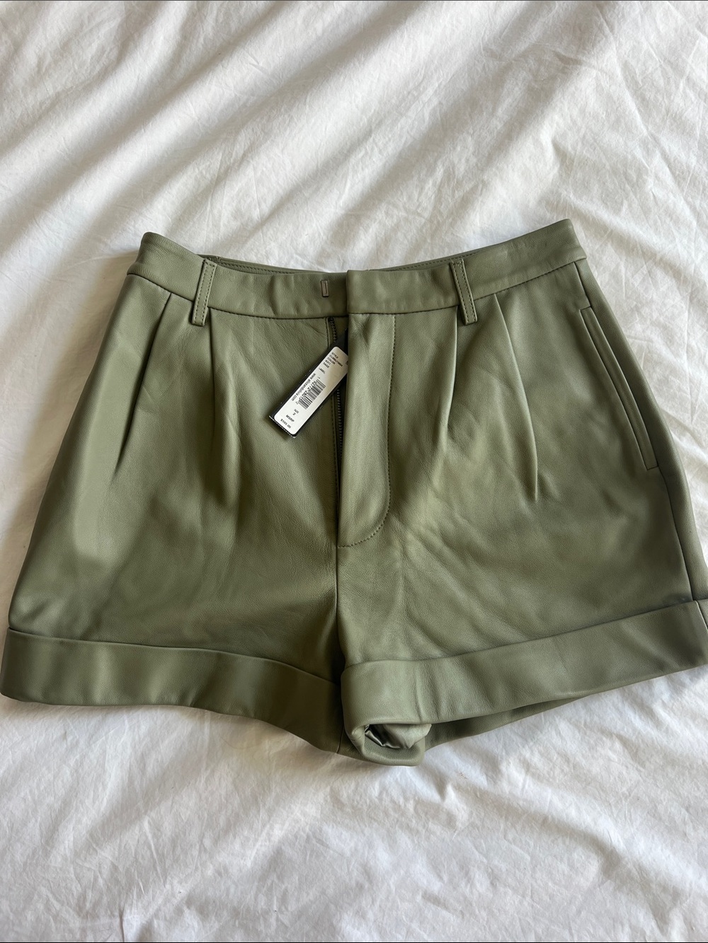 Alice + Olivia Olive Green Pleated Leather Shorts